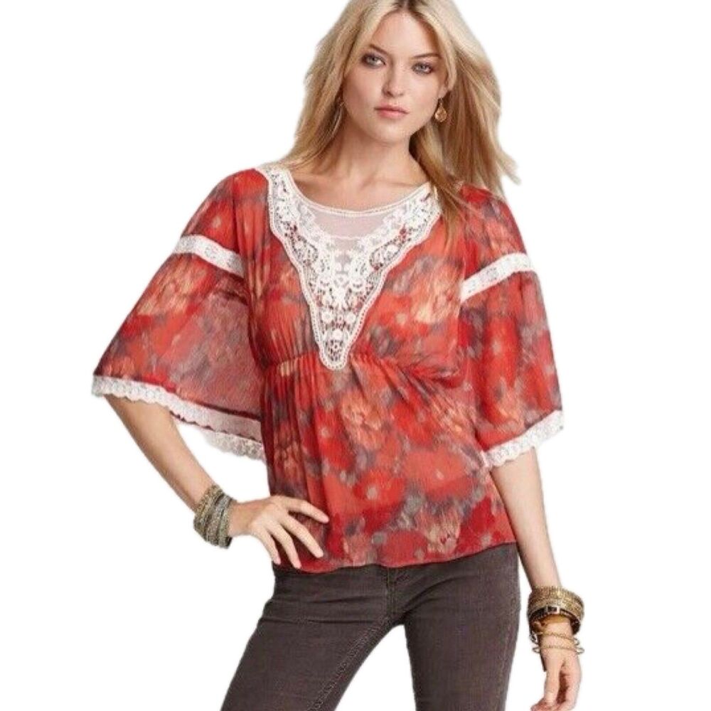 Free People Daydreamer Sheer Lightweight Lace Trim Watercolor Flowy Blouse Top M